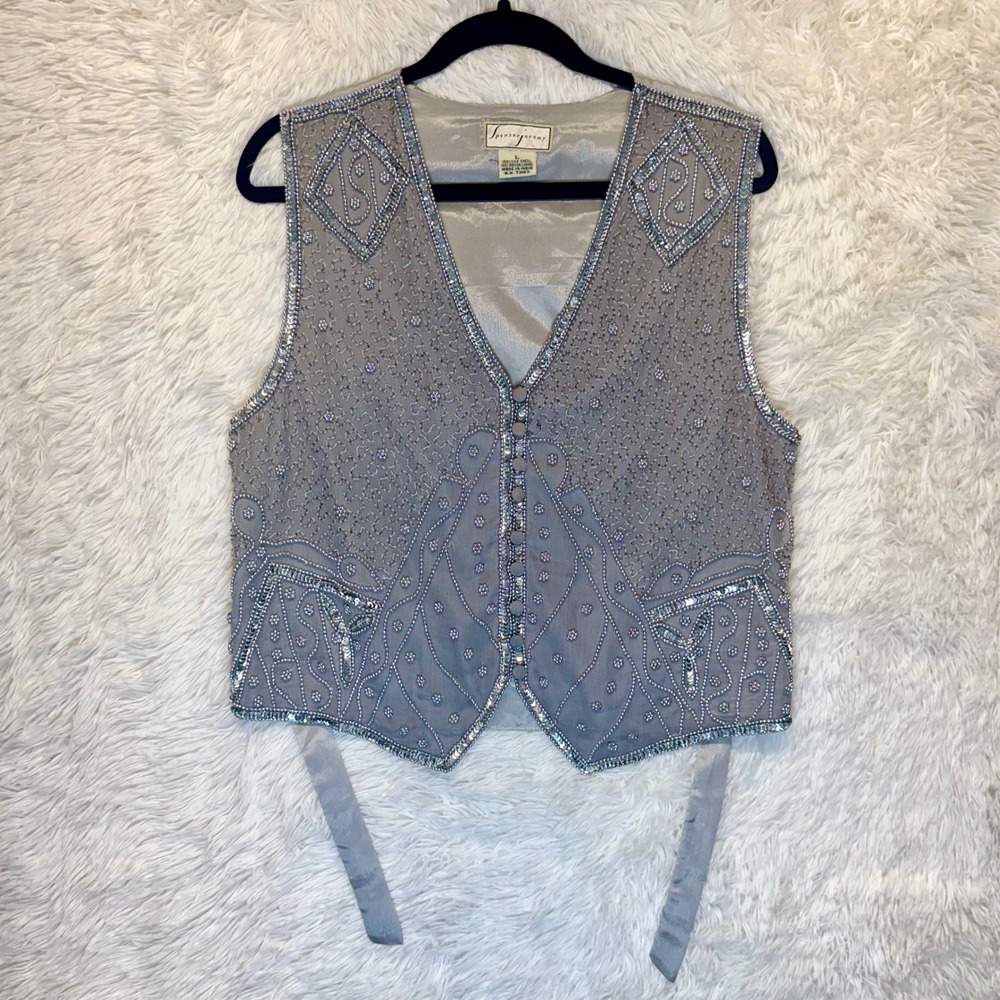 Vintage Spenser Jeremy 100% Silk Grey Silver Beaded Sequin Vest‎ Women's Large